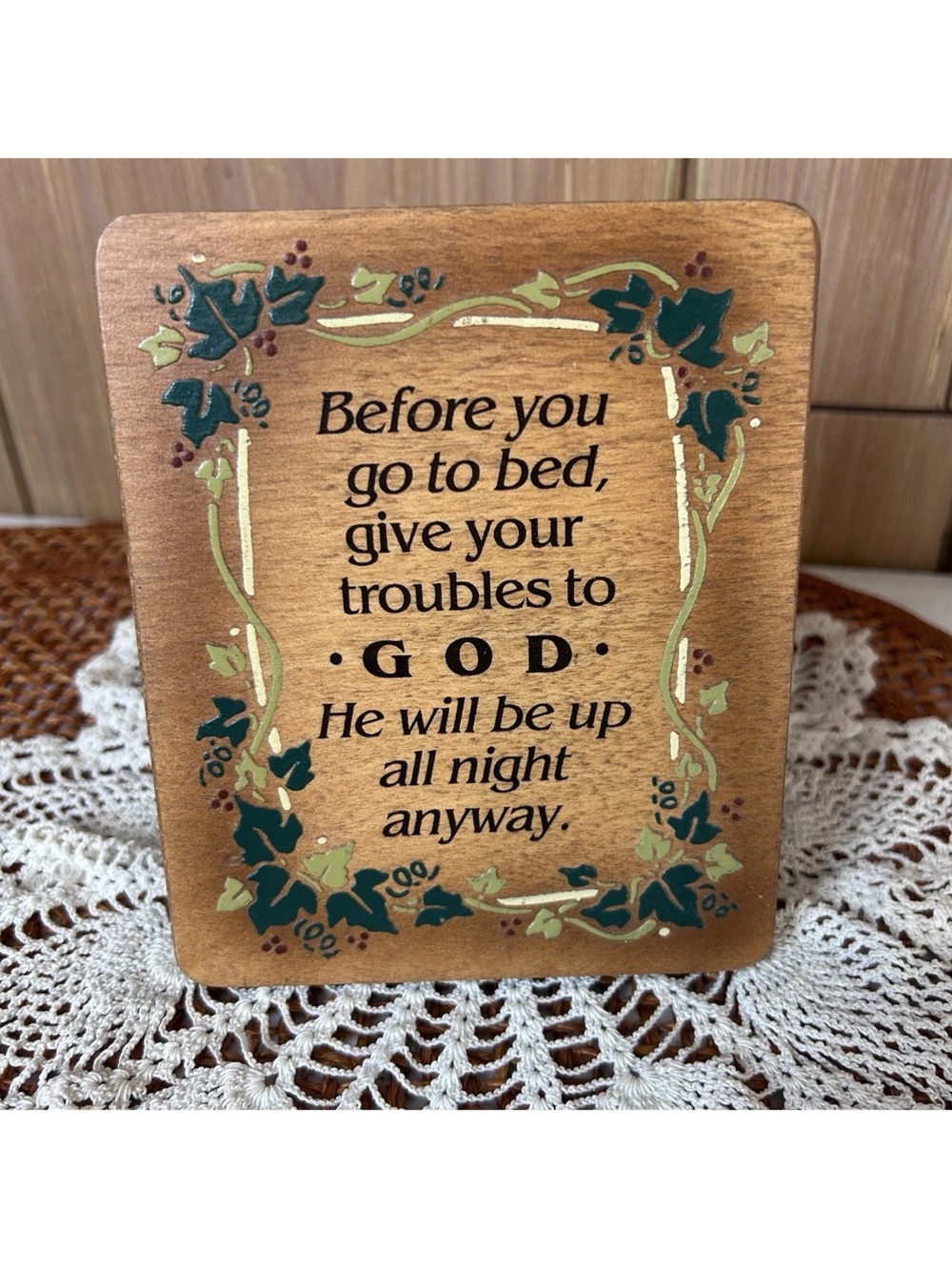 VTG God “Before You Go To Bed” Wooden Plaque Sign Christian Poem Painted Ivy